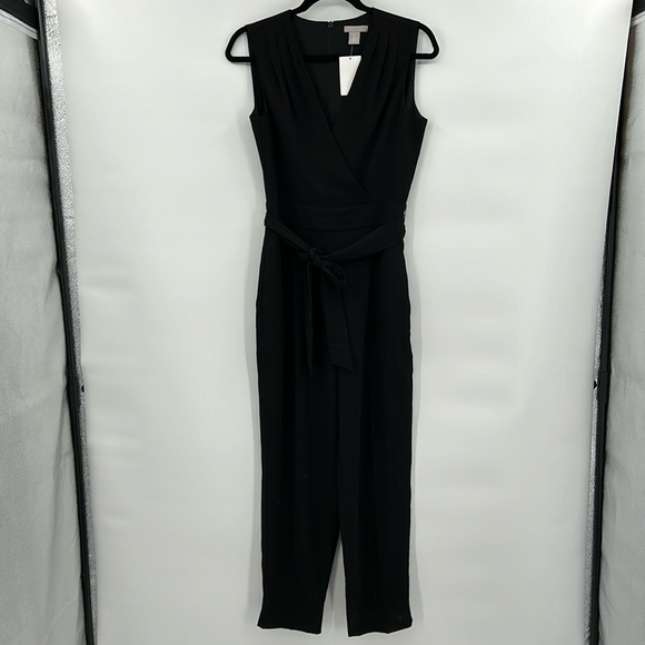 H&M NWT Black Sleeveless V Neck Jumpsuit Women's 4 Tie Waist Business Career - Picture 3 of 9